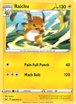 Raichu card from Sword & Shield, number 66/202
