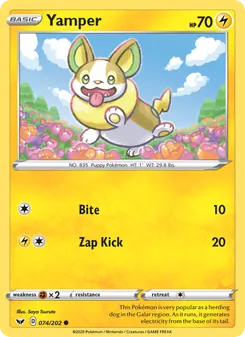 Yamper card from Sword & Shield, number 74/202