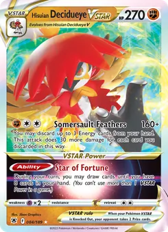 Hisuian Decidueye VSTAR card from Astral Radiance, number 084/189