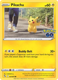 Pikachu card from Pokémon GO, number 027/78