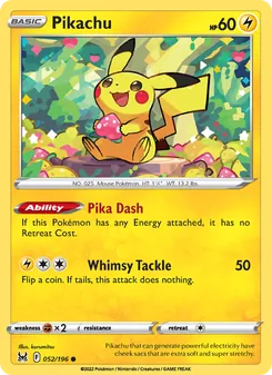 Pikachu card from Lost Origin, number 052/196
