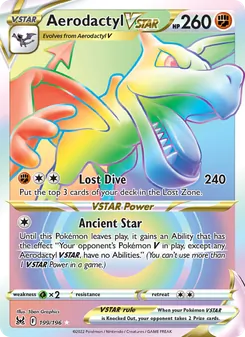 Aerodactyl VSTAR card from Lost Origin, number 199/196
