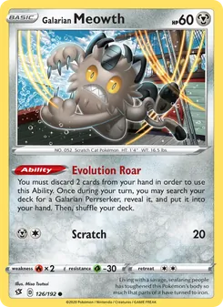 Galarian Meowth card from Rebel Clash, number 126/192