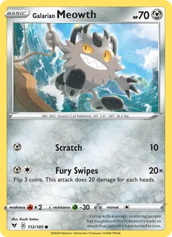 Galarian Meowth card from Vivid Voltage, number 112/185