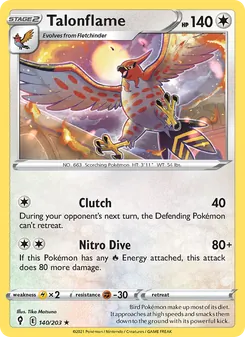 Talonflame card from Evolving Skies, number 140/203