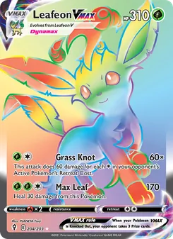 Leafeon VMAX card from Evolving Skies, number 204/203