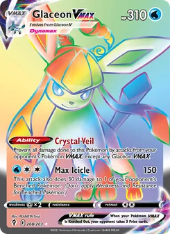 Glaceon VMAX card from Evolving Skies, number 208/203