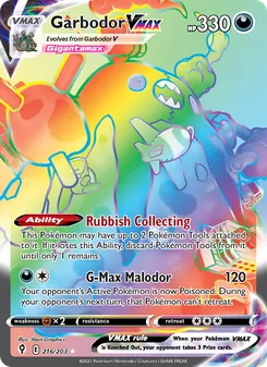 Garbodor VMAX card from Evolving Skies, number 216/203