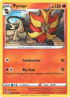 Pyroar card from Evolving Skies, number 23/203