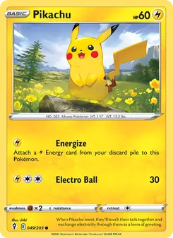 Pikachu card from Evolving Skies, number 49/203