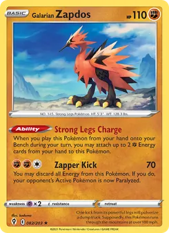 Galarian Zapdos card from Evolving Skies, number 82/203