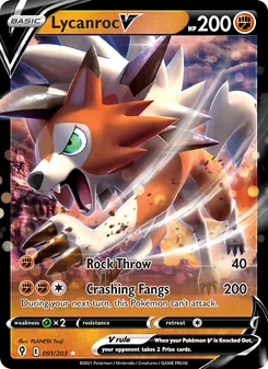 Lycanroc V card from Evolving Skies, number 91/203