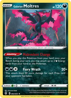 Galarian Moltres card from Evolving Skies, number 93/203