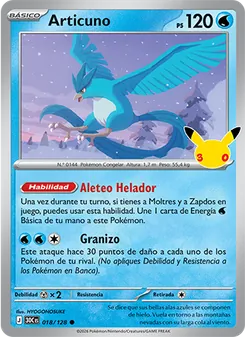 Carta Articuno de la expansión Celebración 30.º Aniversario, número 018/128