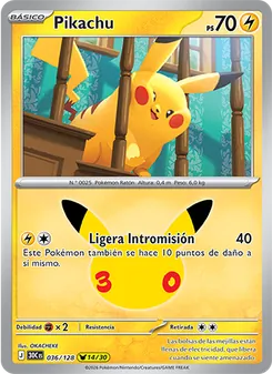 Carta Pikachu de la expansión Celebración 30.º Aniversario, número 036/128