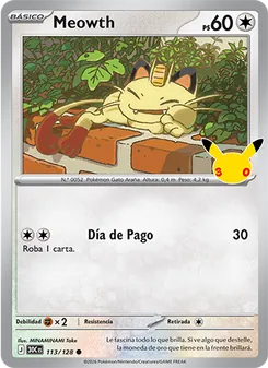 Carta Meowth de la expansión Celebración 30.º Aniversario, número 113/128