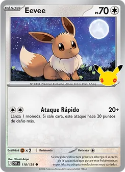 Carta Eevee de la expansión Celebración 30.º Aniversario, número 118/128