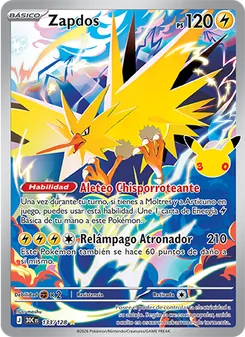 Carta Zapdos de la expansión Celebración 30.º Aniversario, número 133/128