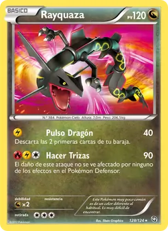 Carta Rayquaza de la expansión Dragones Majestuosos, número 128/124