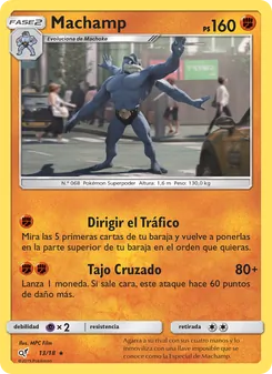 Carta Machamp de la expansión Detective Pikachu, número 13/18