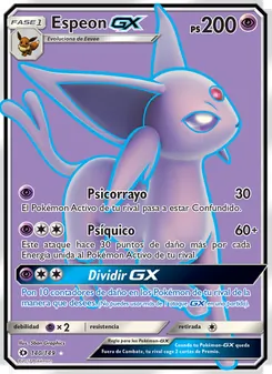 Carta Espeon GX de la expansión Sol y Luna, número 140/149