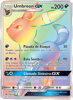 Carta Umbreon GX de la expansión Sol y Luna, número 154/149