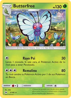 Carta Butterfree de la expansión Sol y Luna, número 3/149