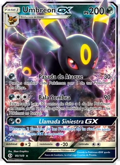 Carta Umbreon GX de la expansión Sol y Luna, número 80/149