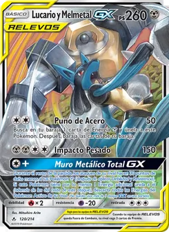 Carta Lucario y Melmetal GX de la expansión Vínculos Indestructibles, número 120/214