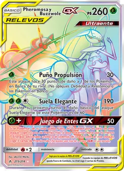Carta Pheromosa y Buzzwole GX de la expansión Vínculos Indestructibles, número 215/214