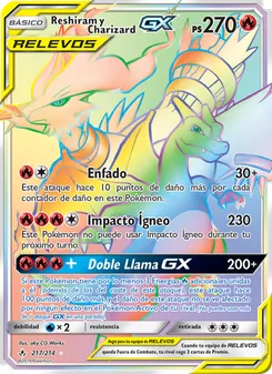 Carta Reshiram y Charizard GX de la expansión Vínculos Indestructibles, número 217/214