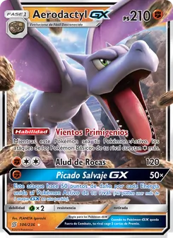Carta Aerodactyl GX de la expansión Mentes Unidas, número 106/236