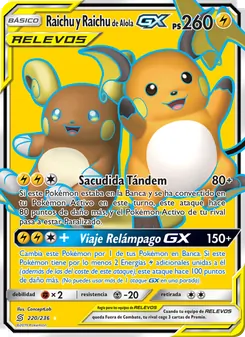 Carta Raichu y Raichu de Alola GX de la expansión Mentes Unidas, número 220/236