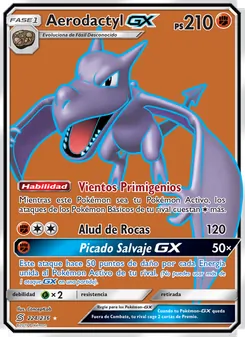 Carta Aerodactyl GX de la expansión Mentes Unidas, número 224/236