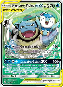 Carta Blastoise y Piplup GX de la expansión Eclipse Cósmico, número 215/236