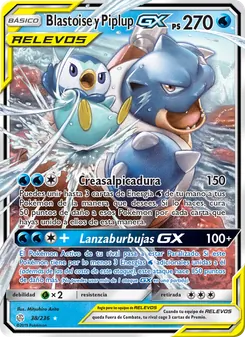 Carta Blastoise y Piplup GX de la expansión Eclipse Cósmico, número 38/236