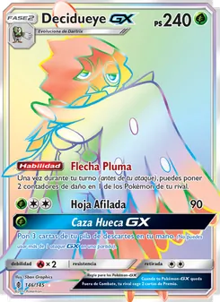 Carta Decidueye GX de la expansión Albor de Guadianes, número 146/145