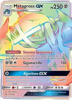 Carta Metagross GX de la expansión Albor de Guadianes, número 157/145
