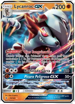 Carta Lycanroc GX de la expansión Albor de Guadianes, número 74/145