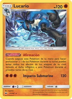 Carta Lucario de la expansión Sombras Ardientes, número 71/147
