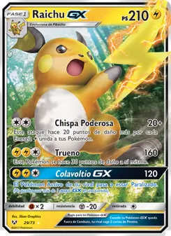 Carta Raichu GX de la expansión Leyendas Luminosas, número 29/73