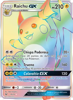 Carta Raichu GX de la expansión Leyendas Luminosas, número 75/73