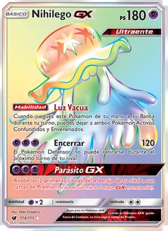 Carta Nihilego GX de la expansión Invasión Carmesí, número 114/111