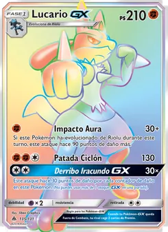 Carta Lucario GX de la expansión Luz Prohibida, número 135/131