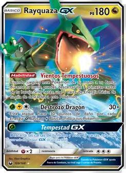 Carta Rayquaza GX de la expansión Tormenta Celestial, número 109/168