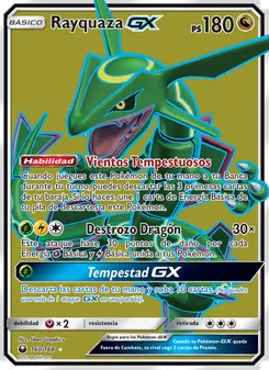 Carta Rayquaza GX de la expansión Tormenta Celestial, número 160/168