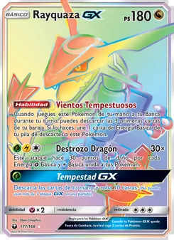 Carta Rayquaza GX de la expansión Tormenta Celestial, número 177/168