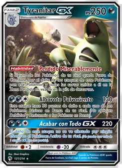 Carta Tyranitar GX de la expansión Truenos Perdidos, número 121/214