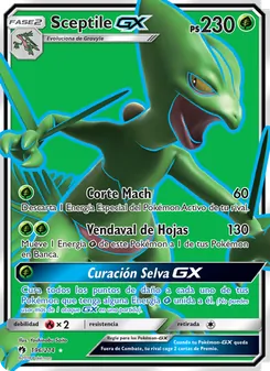 Carta Sceptile GX de la expansión Truenos Perdidos, número 196/214