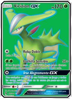 Carta Virizion GX de la expansión Truenos Perdidos, número 197/214
